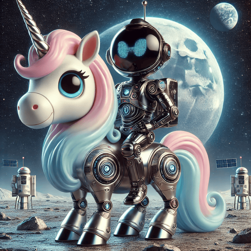 a sleek looking robot cowboy riding on a big, cute, cartoon unicorn, on the moon.