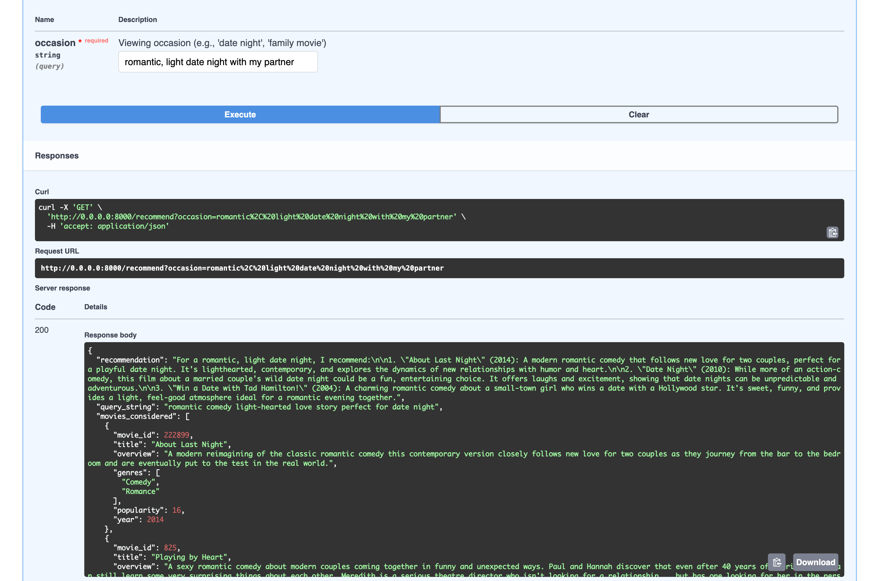 Recommend endpoint example